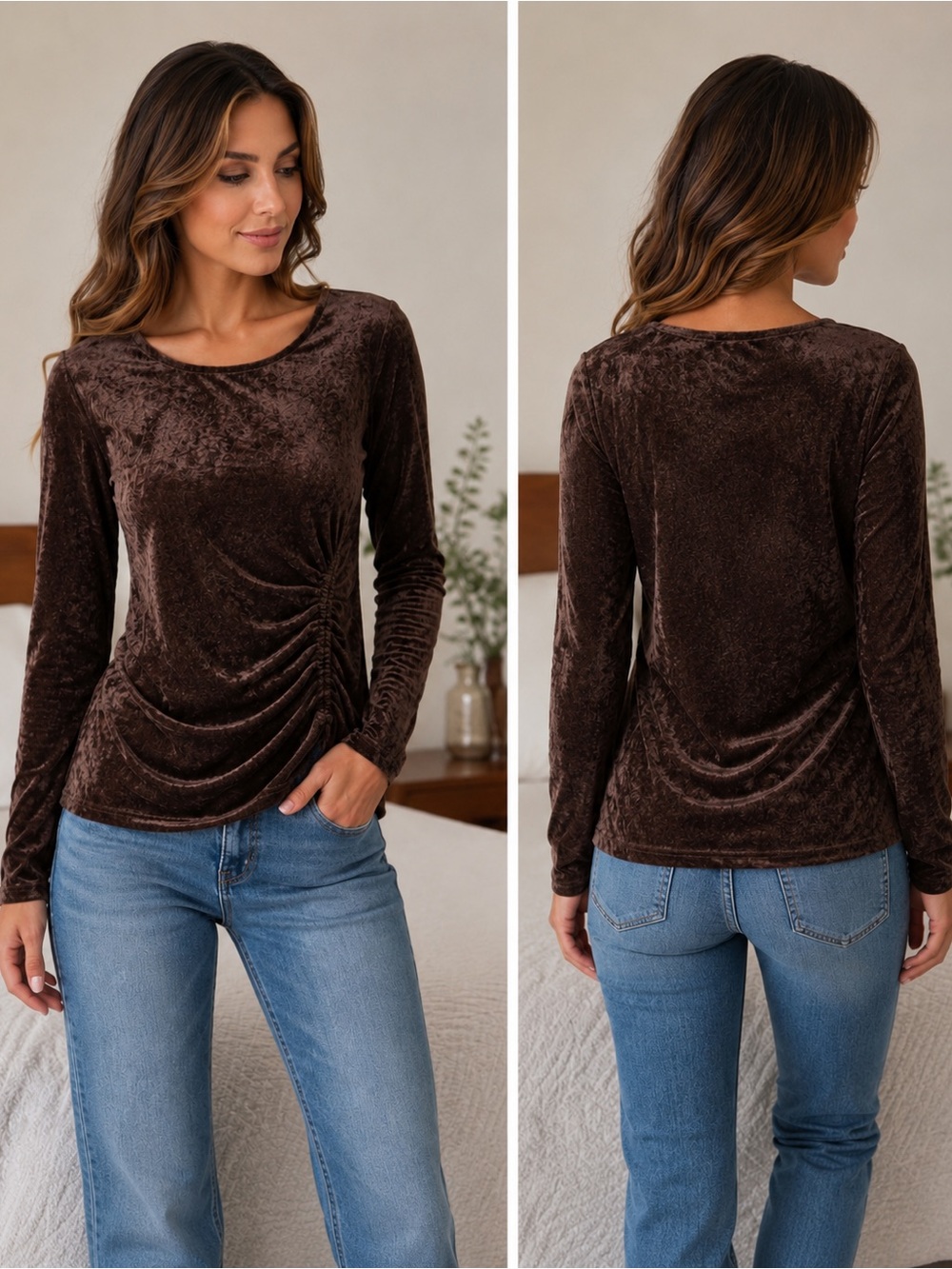LOFT Brown Velvet Long-Sleeve Scoop Neck Top